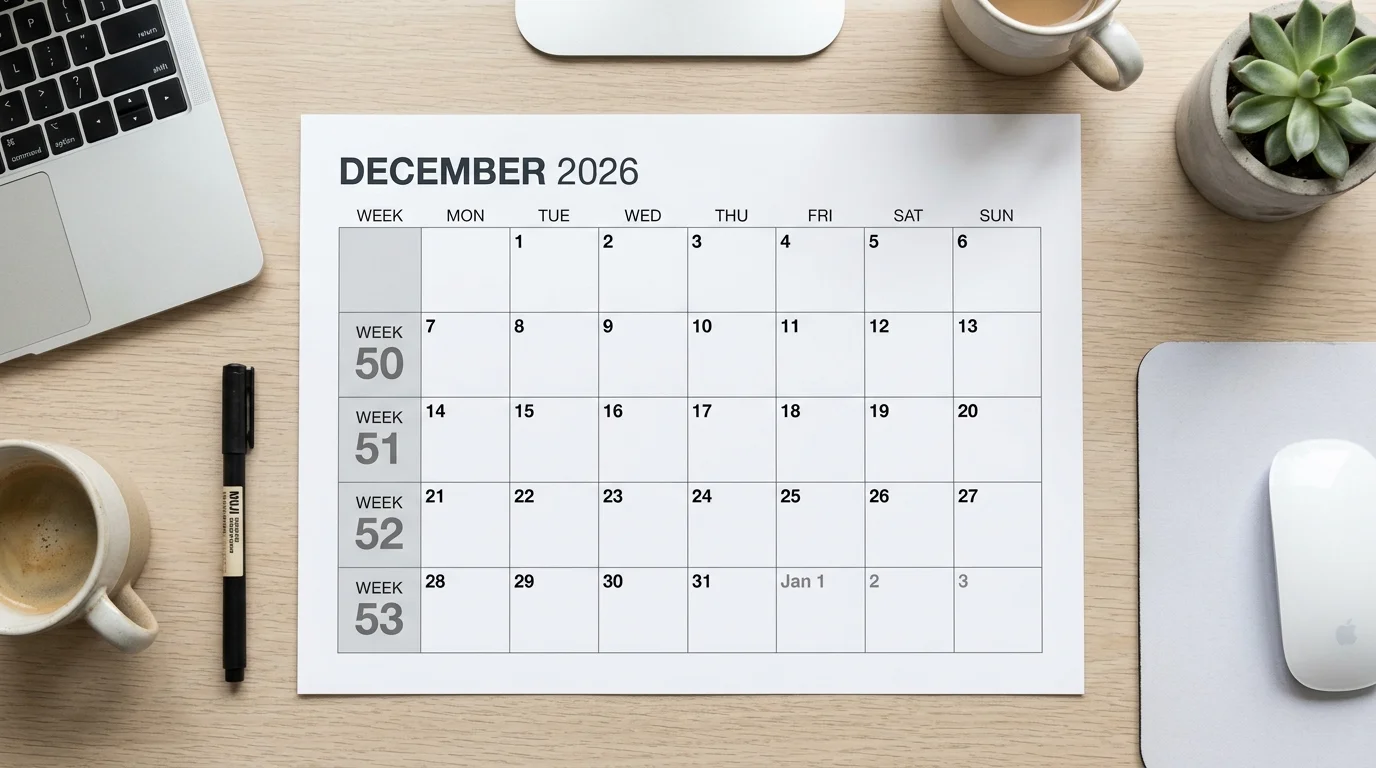 Illustration highlighting that 2026 has 53 ISO calendar weeks