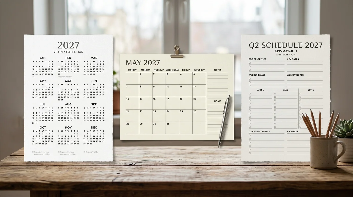Illustration comparing full-year, monthly, and quarterly 2027 calendar layouts