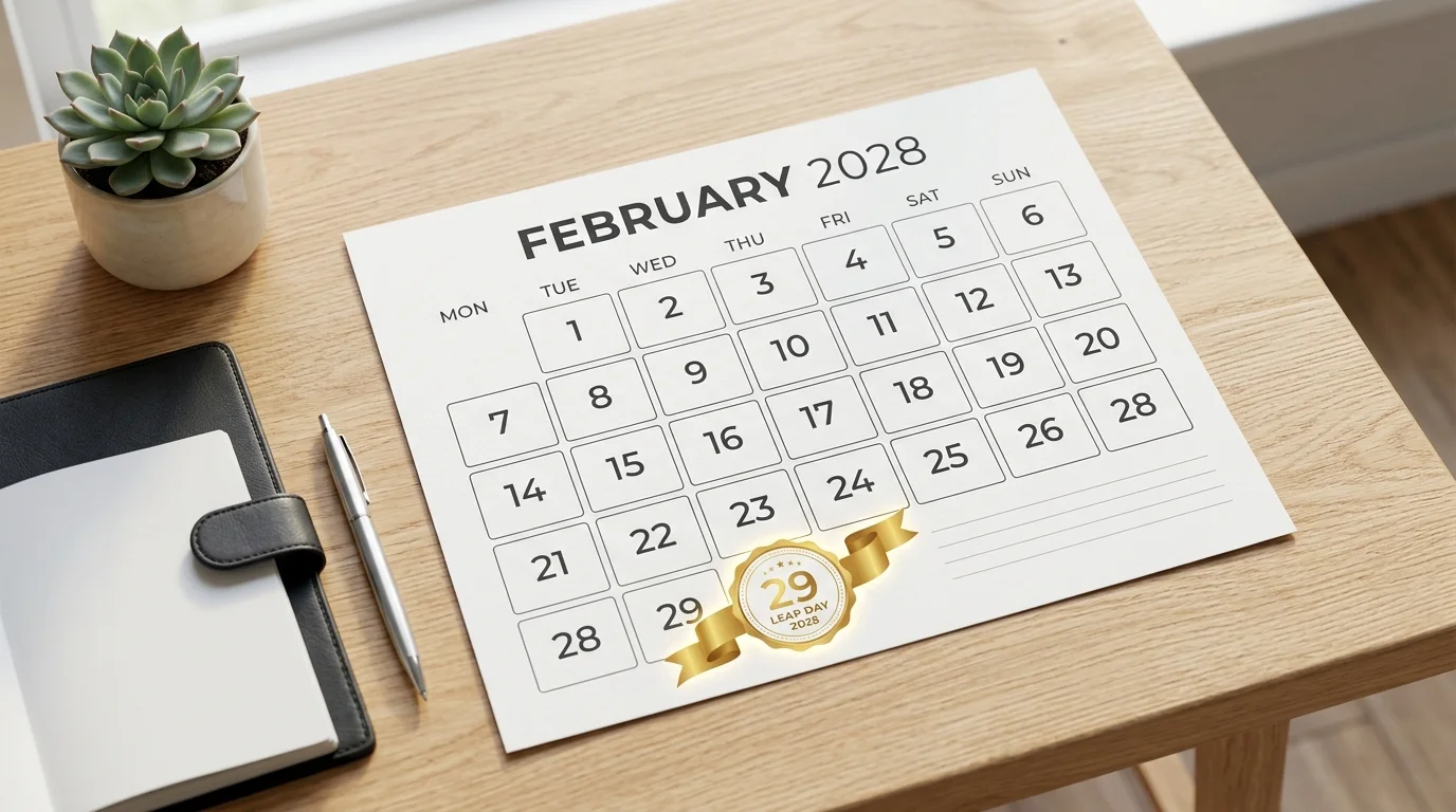 Illustration highlighting February 29, 2028 on a leap year calendar
