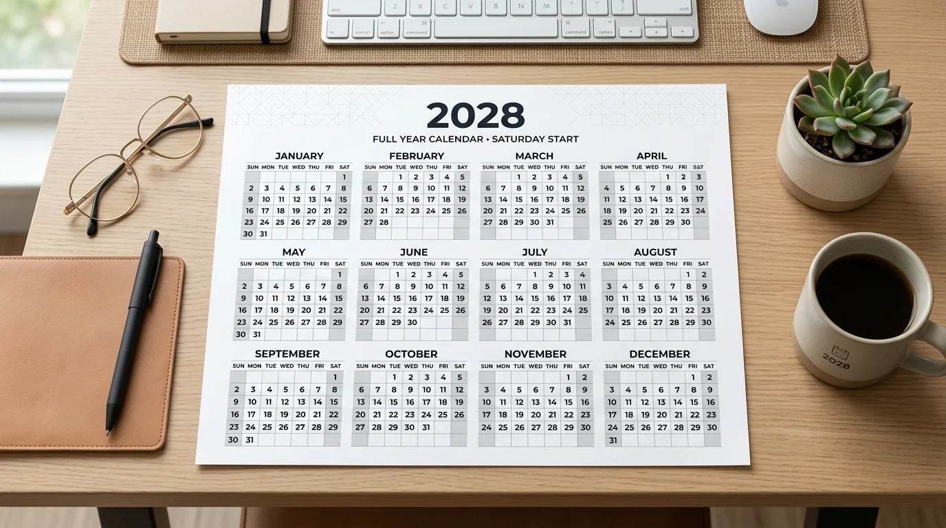 Illustration showing that 2028 starts on a Saturday with 52 calendar weeks