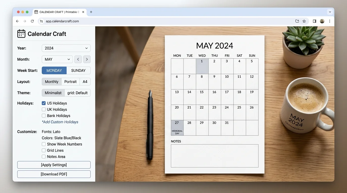 Illustration of a printable calendar generator updating its preview as options change