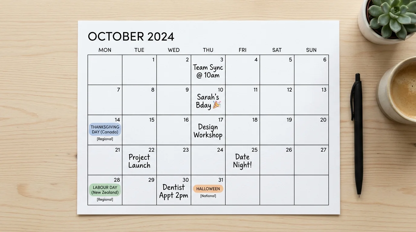 Illustration of a printable calendar with country and regional holiday options