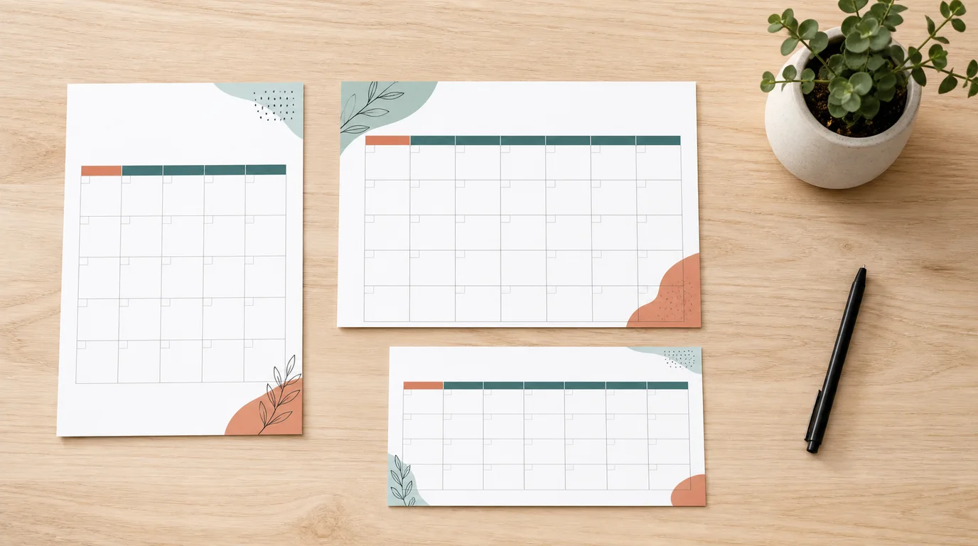 Printable monthly calendar sheets in portrait, landscape, and compact paper sizes