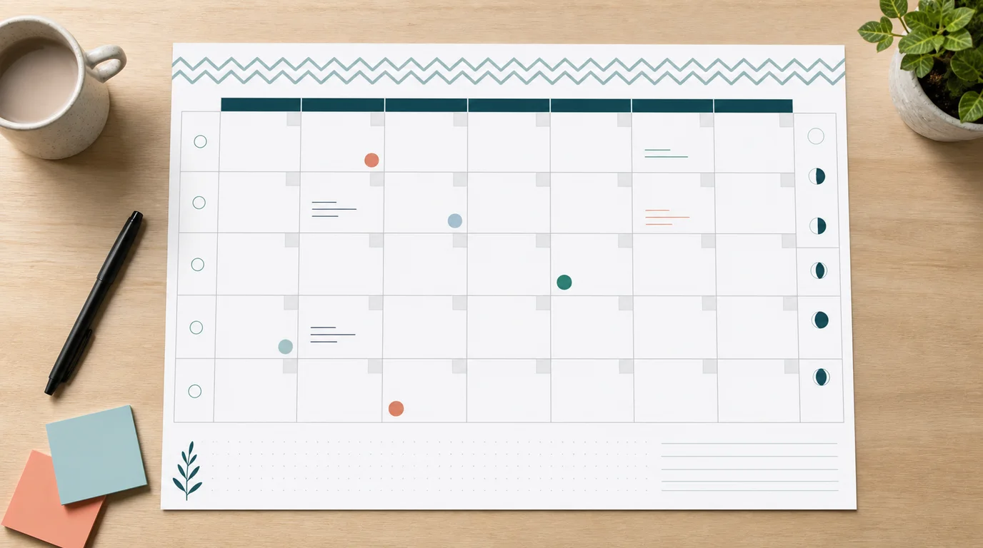 Writable monthly calendar with holiday markers, notes, week numbers, and moon phases