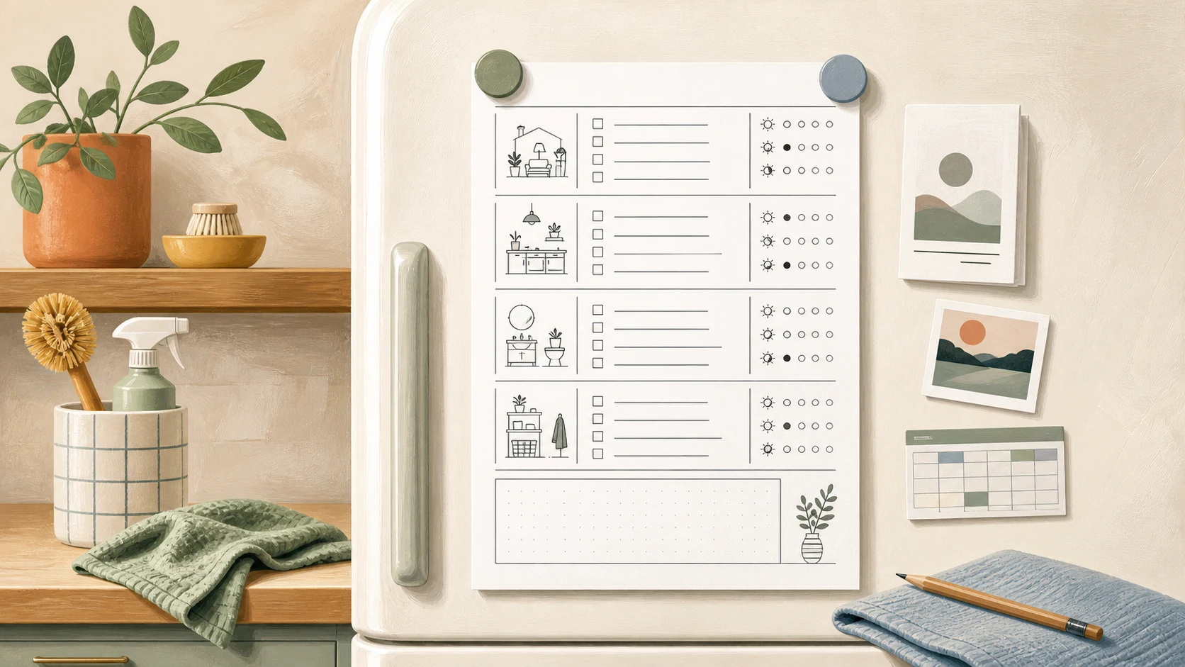 Editorial illustration of a black-and-white cleaning checklist attached to a refrigerator
