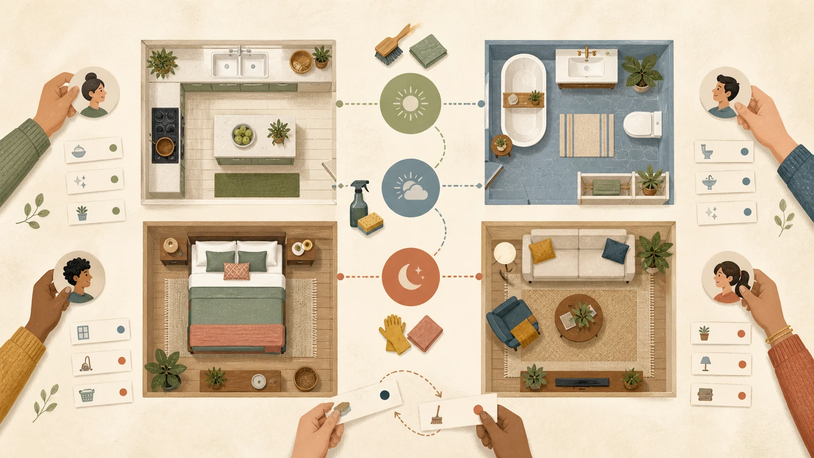 Editorial illustration of four home rooms, cleaning rhythms and shared household responsibilities