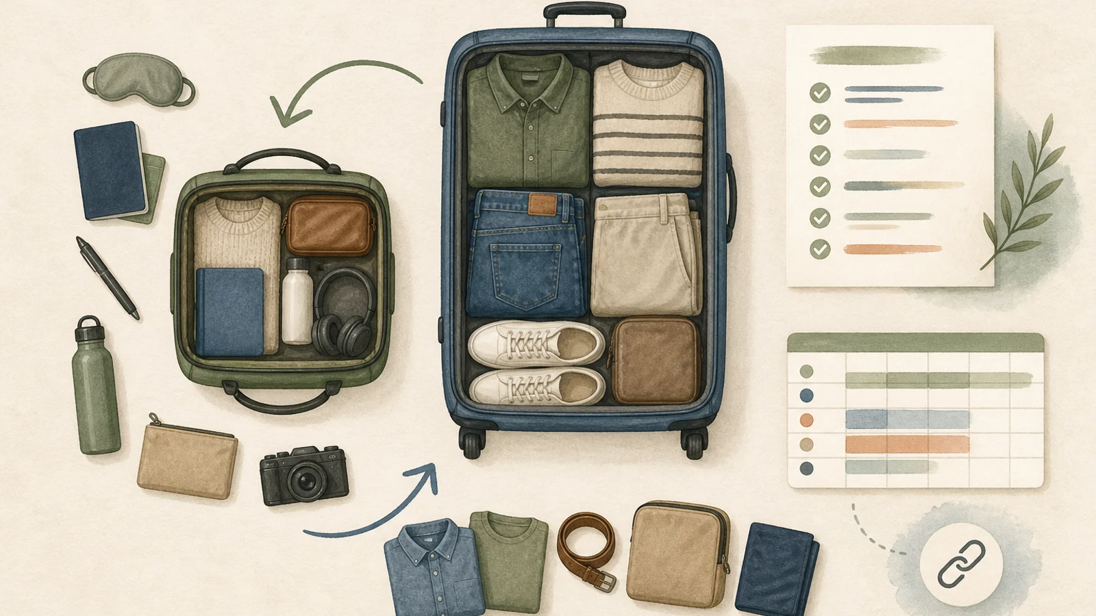 Editorial illustration sorting travel items into carry-on and checked bags with PDF and CSV outputs