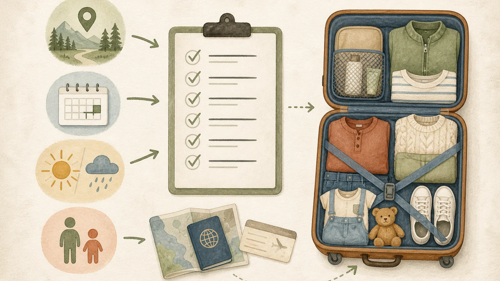 Editorial travel illustration showing trip type, days, weather and travelers creating a packing checklist