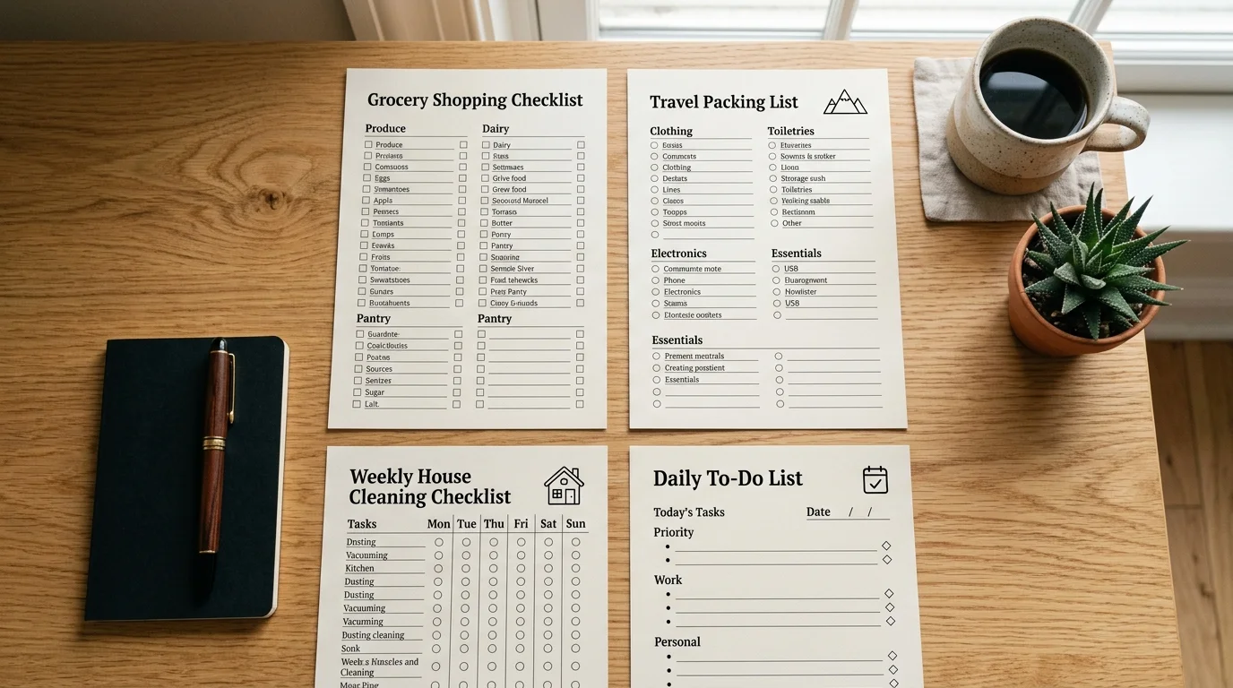 Illustration of template cards for packing, groceries, cleaning and moving