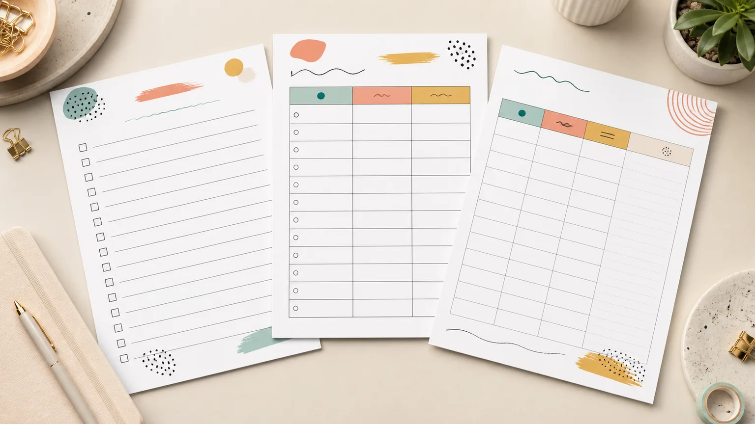 Three printable to-do list sheets with simple, priority and detailed table layouts