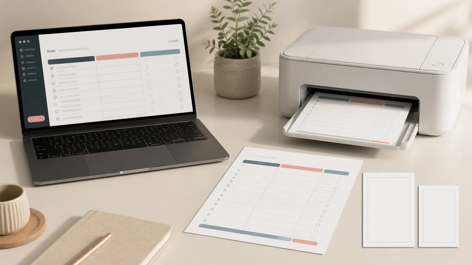 Laptop preview, home printer and a printed to-do list sheet