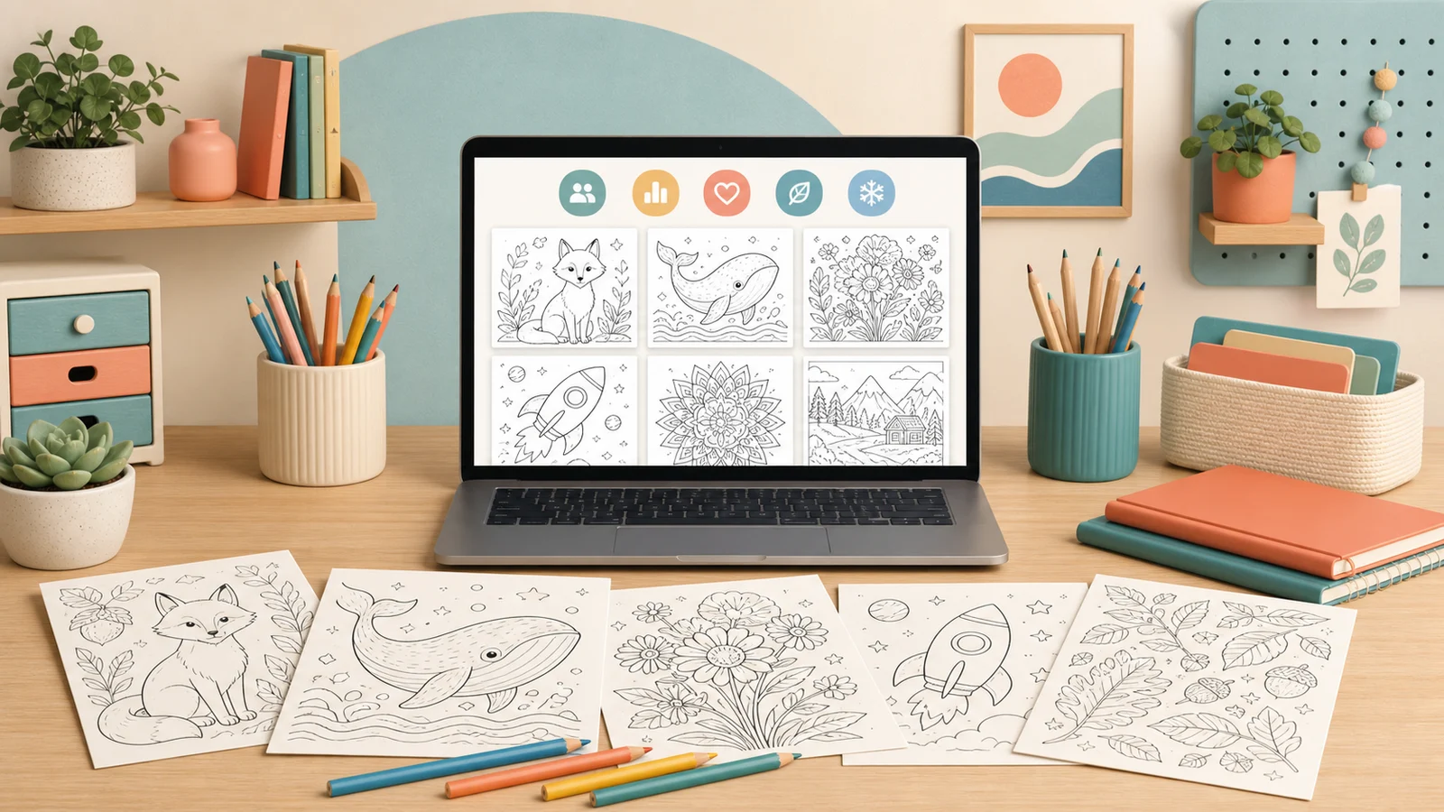 Original coloring page library on a laptop with fox, whale, flower, rocket and seasonal sheets