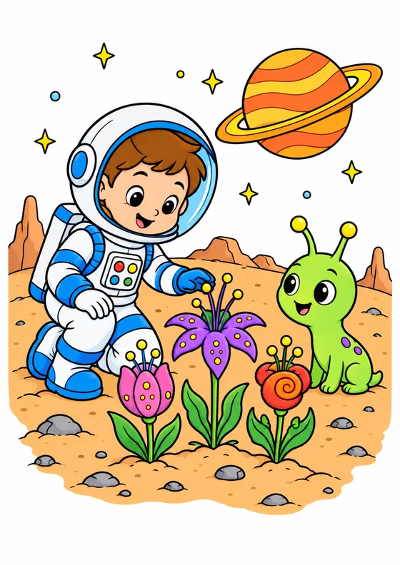 Ejemplo coloreado de Astronauta en un jardín extraterrestre