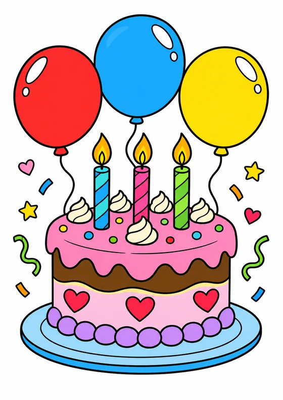 Ejemplo coloreado de Tarta de cumpleaños y globos