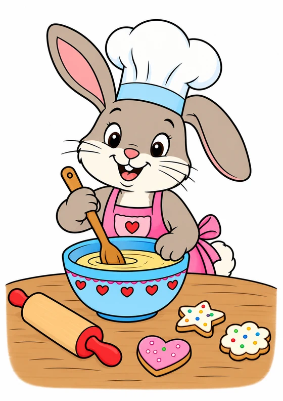 Ejemplo coloreado de Conejito horneando galletas
