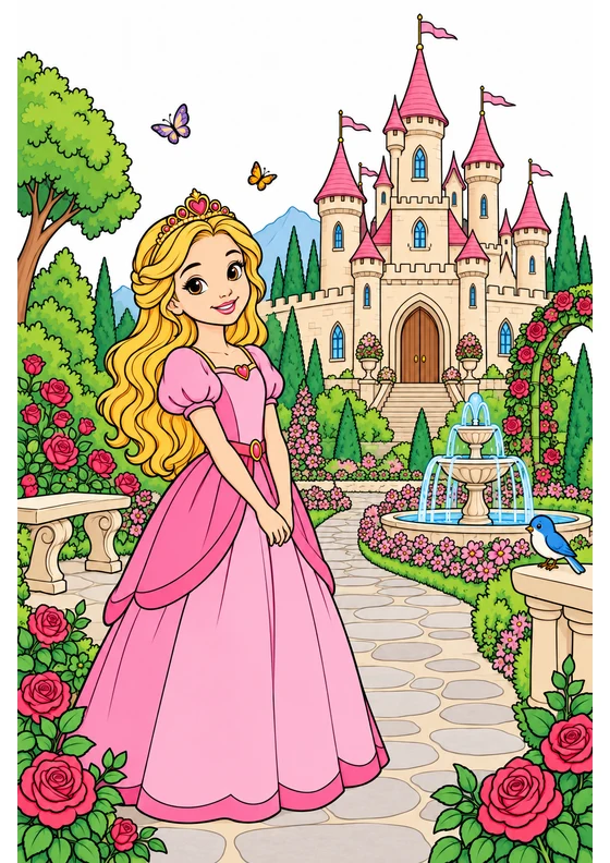 Ejemplo coloreado de Princesa y jardín del castillo