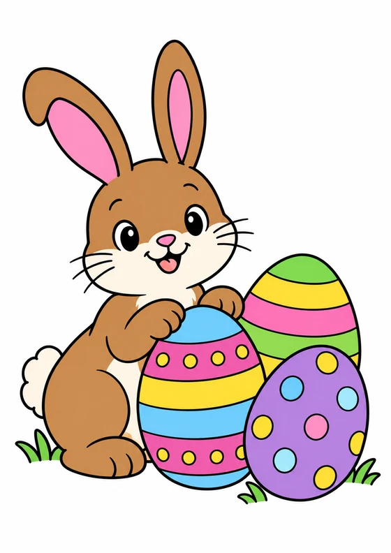 Ejemplo coloreado de Conejo de Pascua y huevos