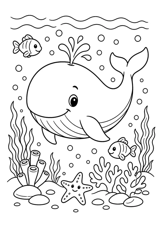 Free printable coloring page of a whale with bubbles