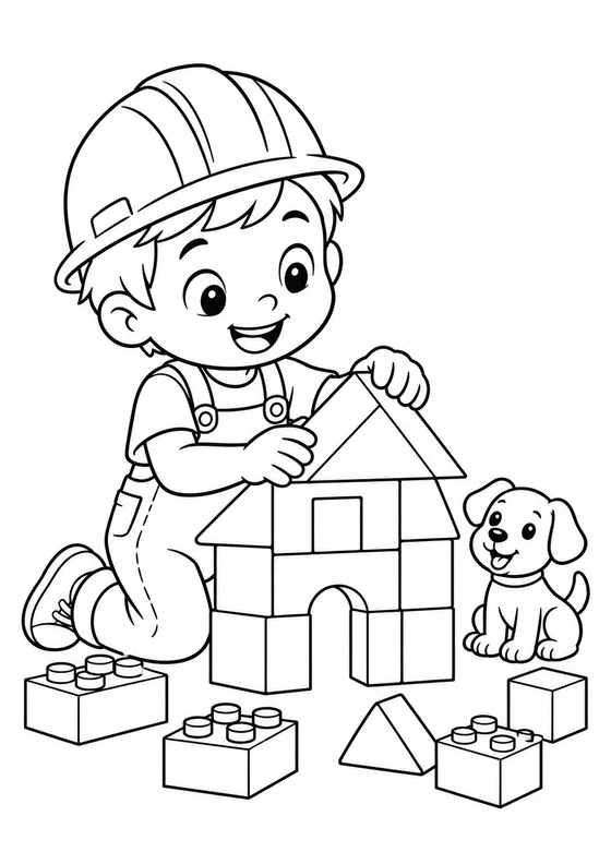Pequeño constructor y casa de bloques