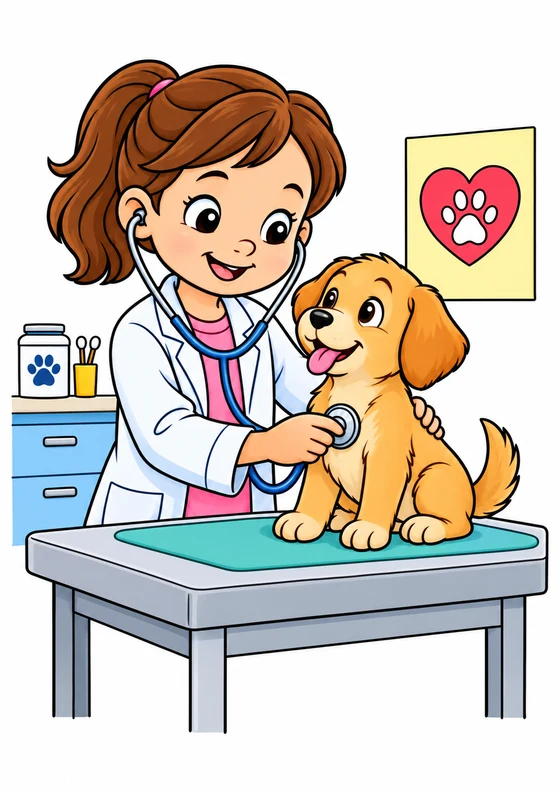 Ejemplo coloreado de Pequeño veterinario con cachorro
