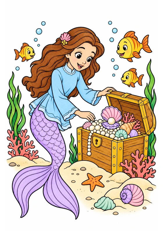 Ejemplo coloreado de Sirena y cofre del tesoro