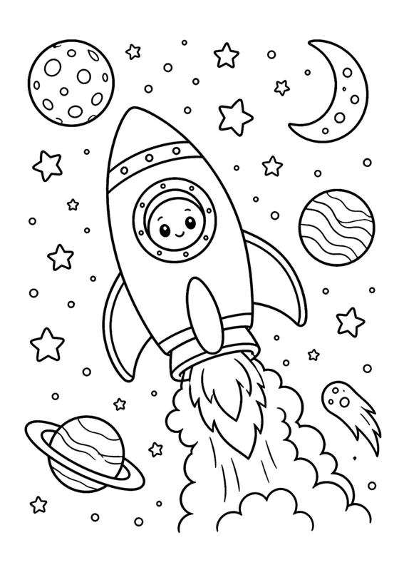 Free printable coloring page of a rocket and planets