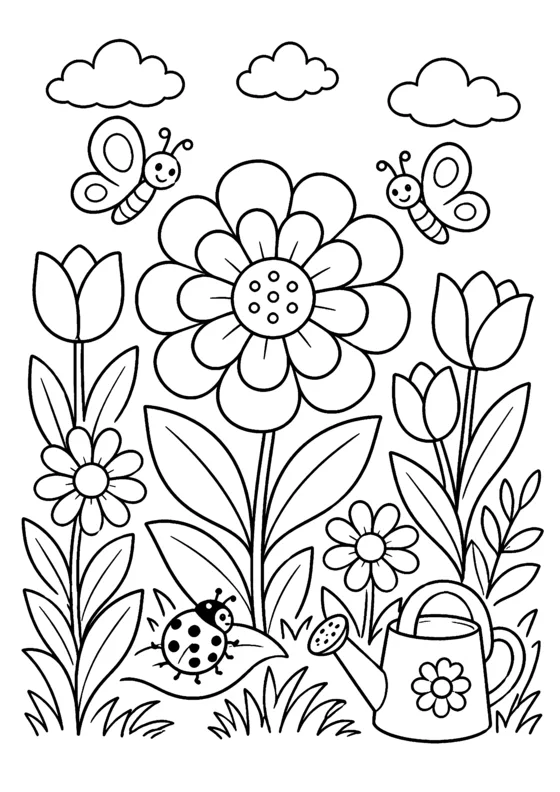 Free printable coloring page of a spring flower garden