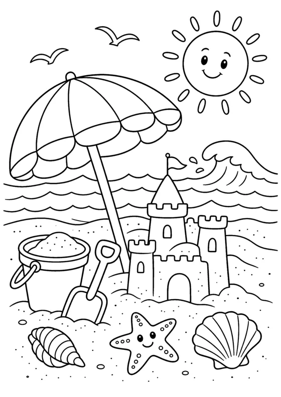 Free printable coloring page of a summer beach
