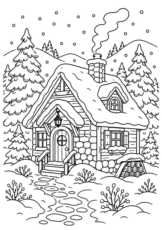 Free printable coloring page of a winter cabin