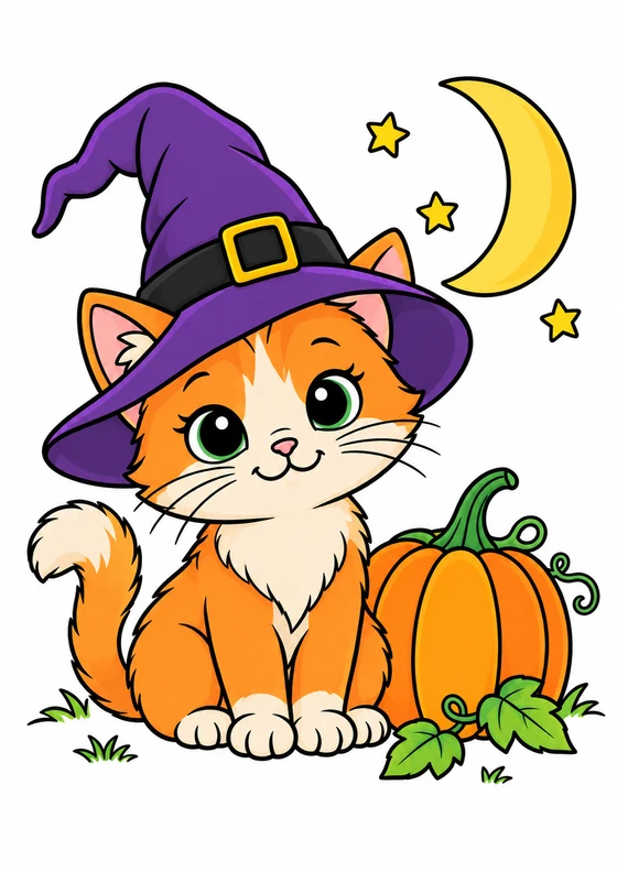 Ejemplo coloreado de Gatito con sombrero de bruja