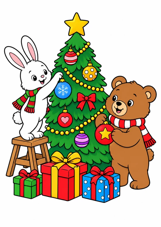 Ejemplo coloreado de Animales decorando el árbol de Navidad
