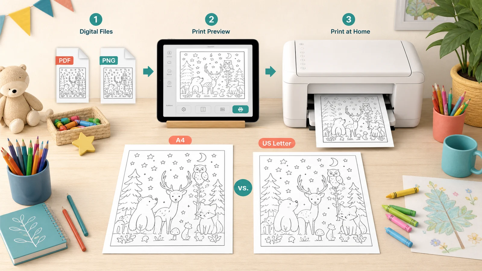 A4 and US Letter coloring sheets beside PDF, PNG, print preview and a home printer