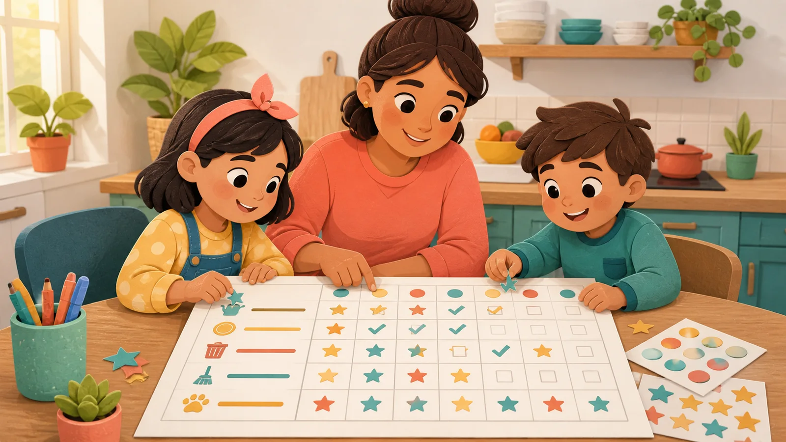 Parent and two children adding checks and stars to a family chore and reward chart