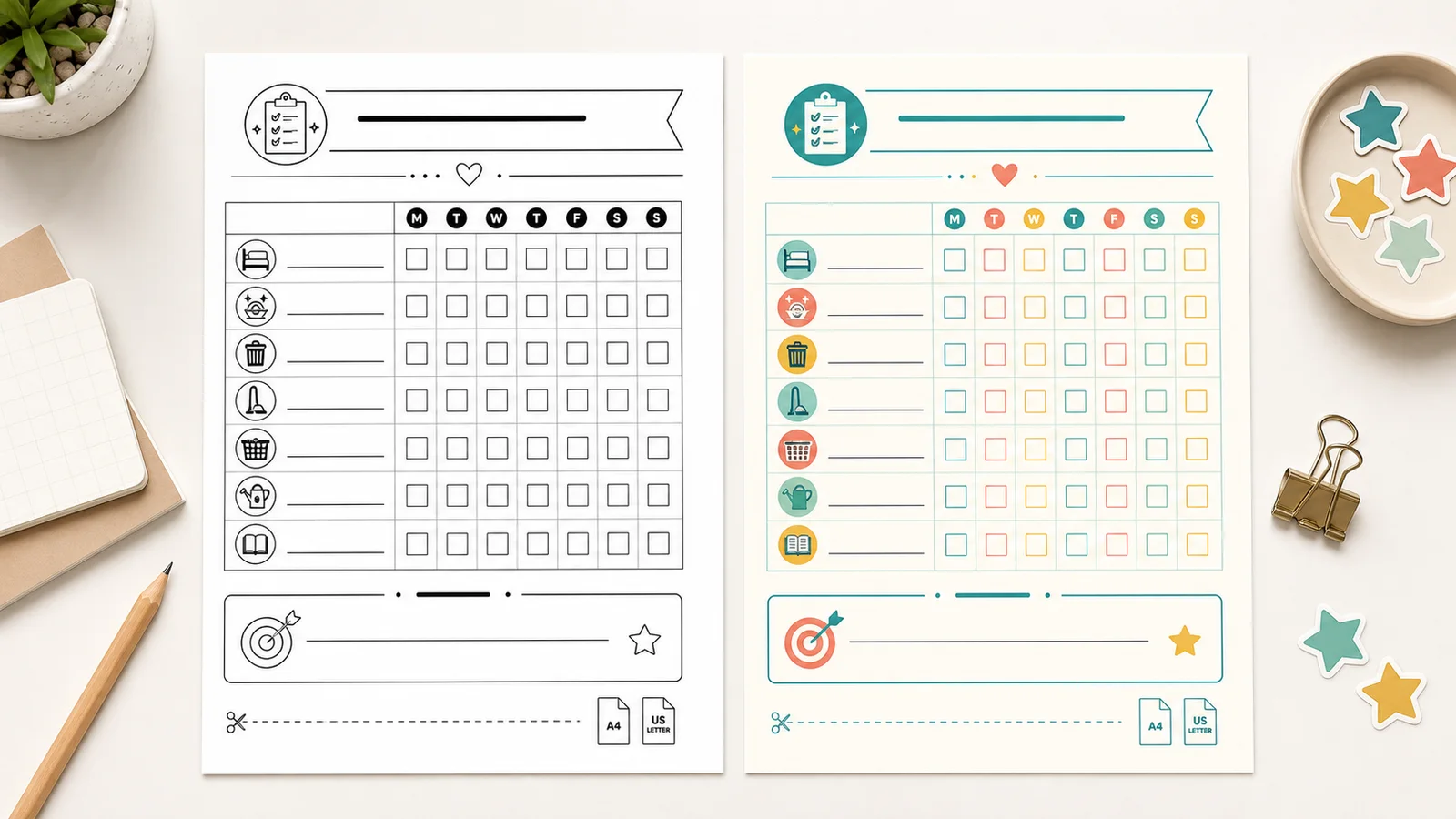 Color and black-and-white chore chart printable pages beside each other