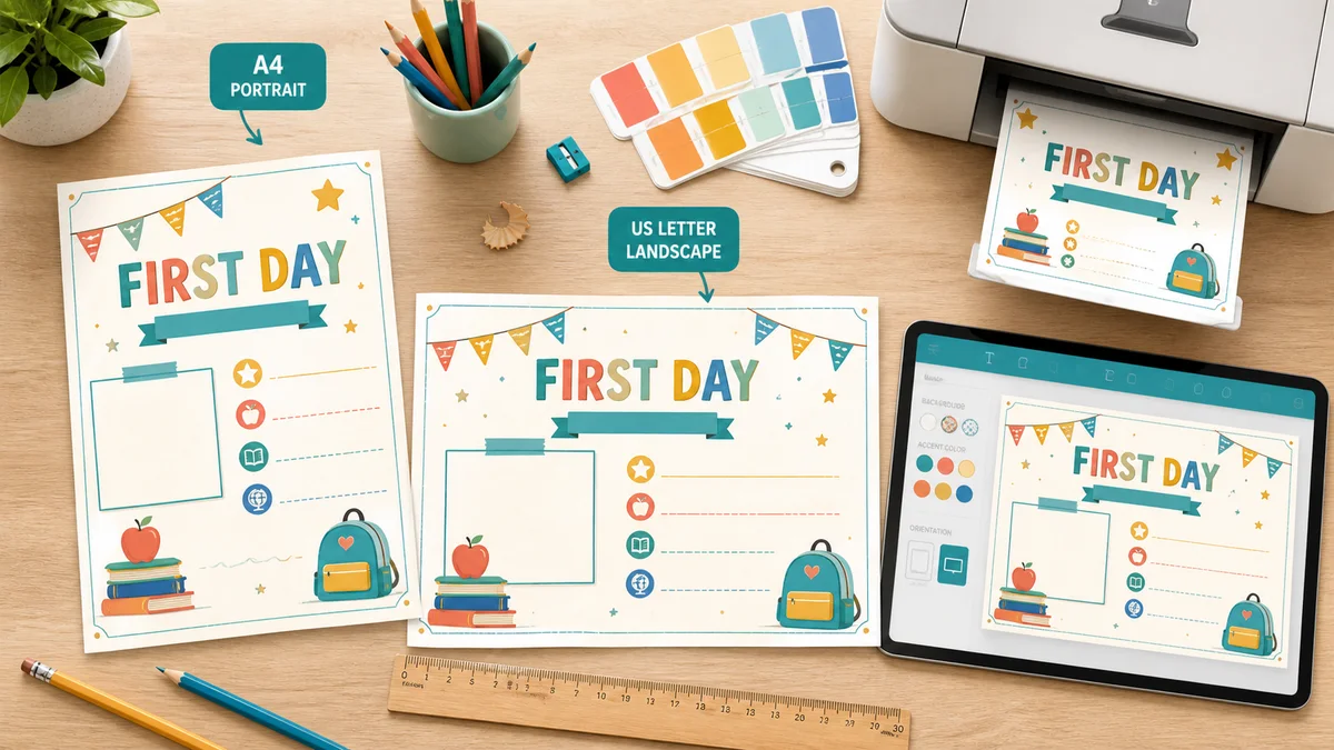 A4 portrait and US Letter landscape first day of school signs beside a live editor