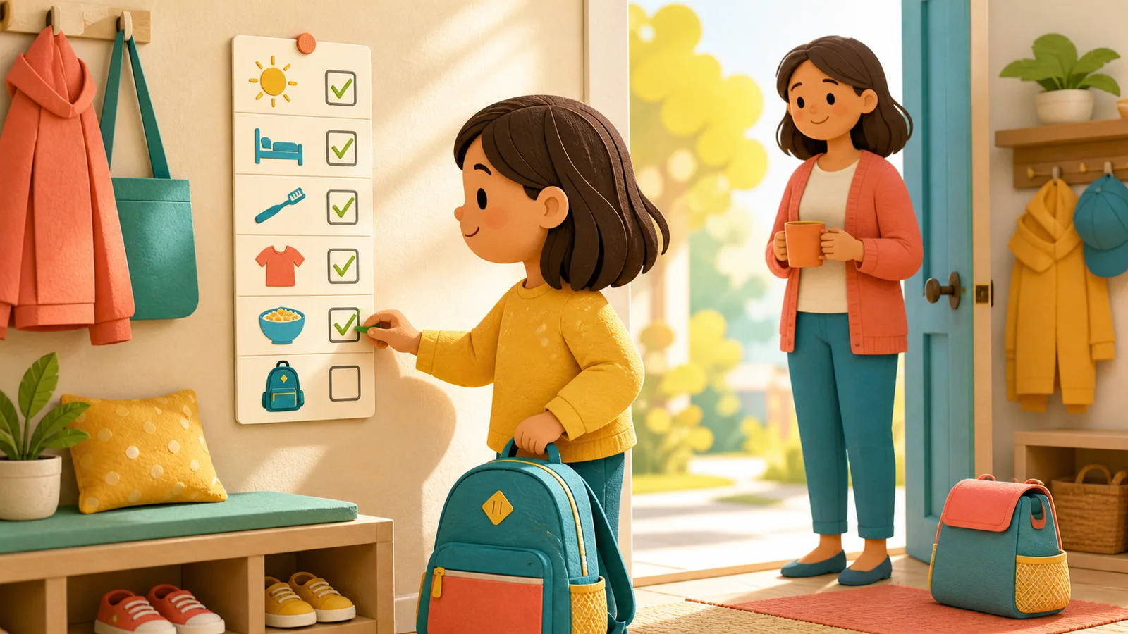 Child checking a picture routine before picking up a backpack for school