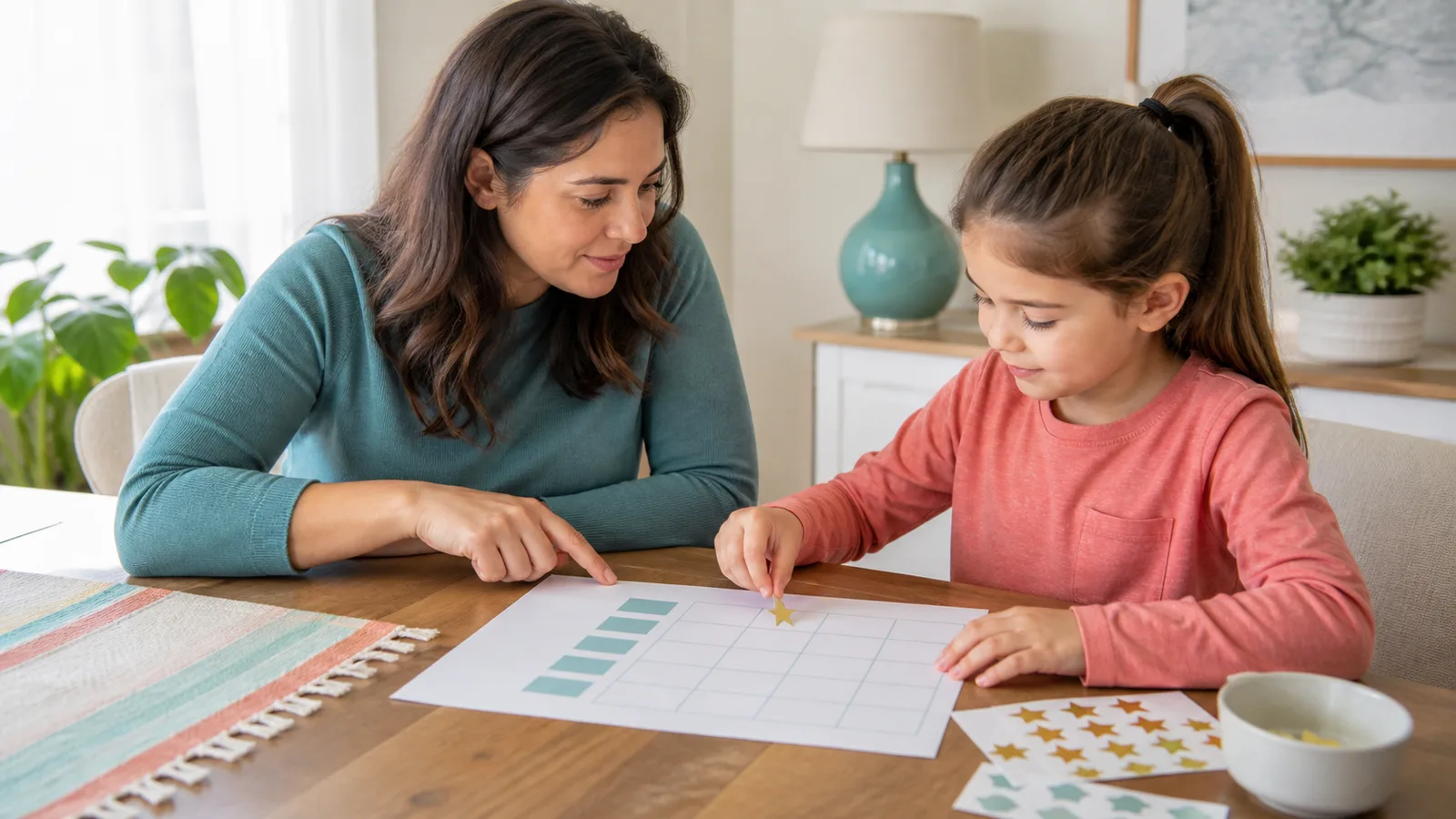 Parent and child adding a star to a reward chart together