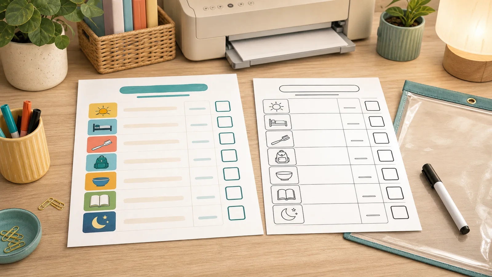 A4 and US Letter visual routine charts with picture steps, times and empty checkboxes beside a printer