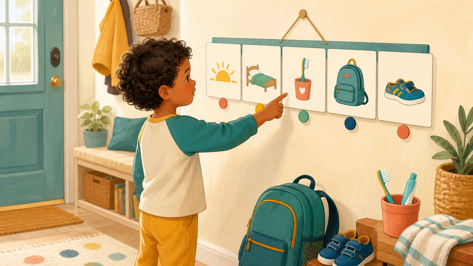 Young child pointing to the next original picture cue on a morning routine chart at eye level