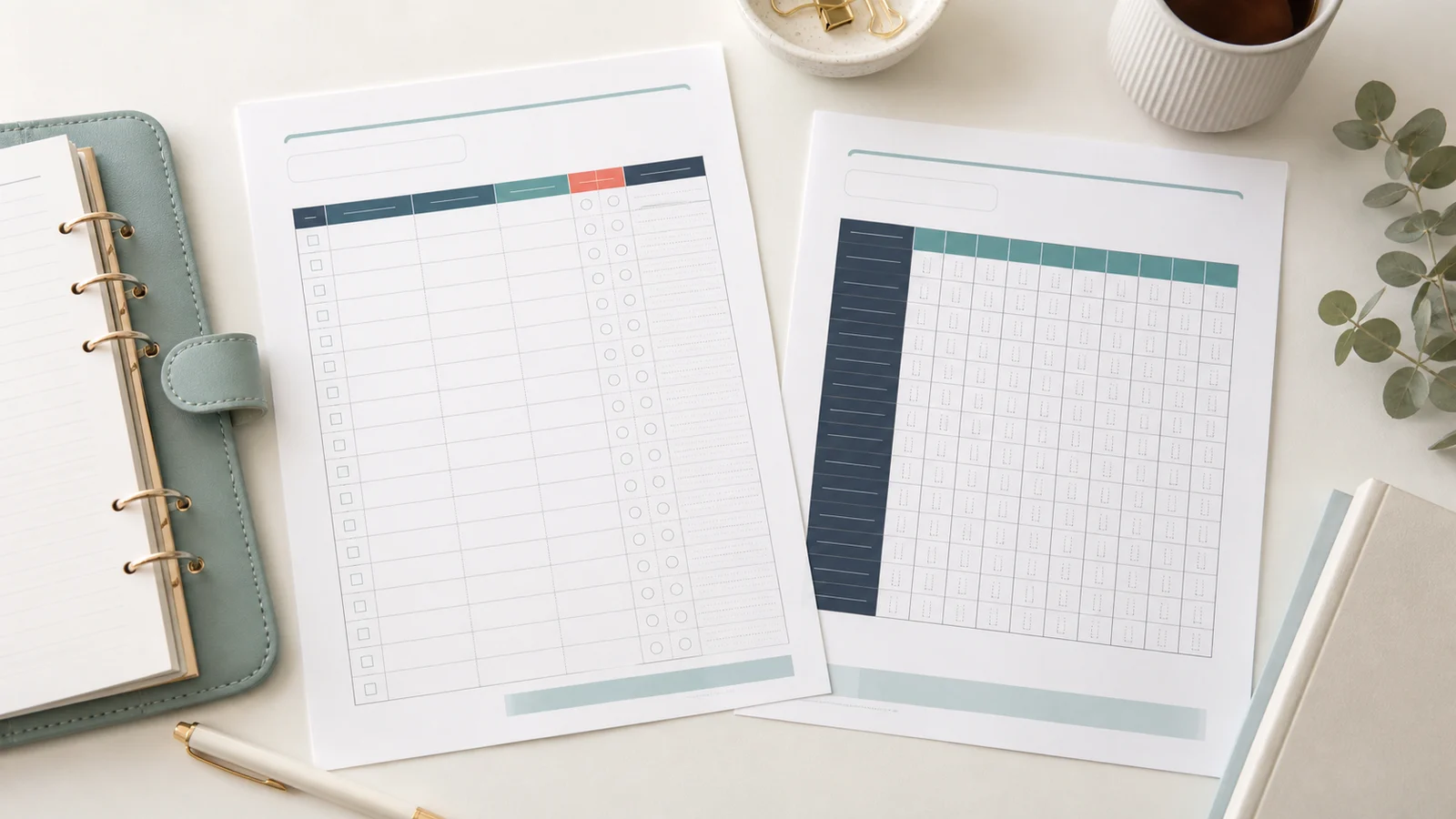Monthly and yearly bill organizer printable pages beside a binder