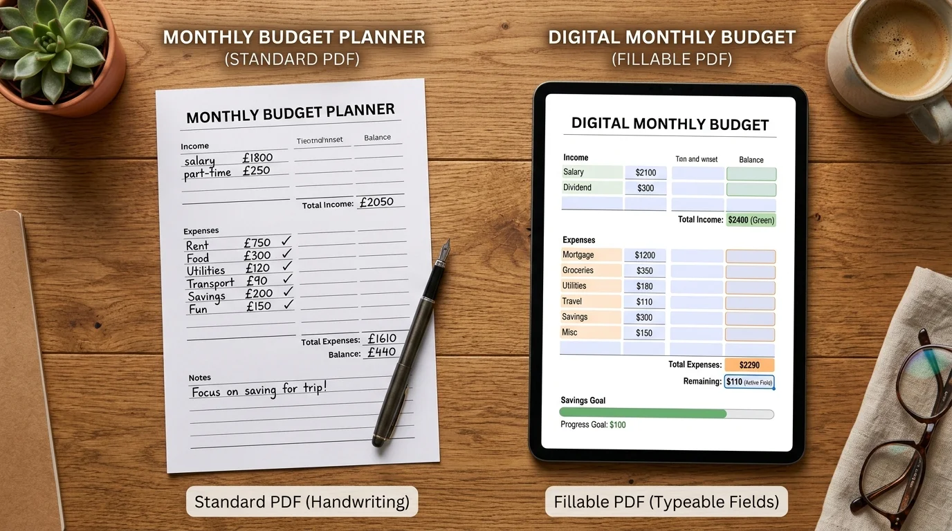 Standard handwriting and fillable PDF versions of a budget planner printable