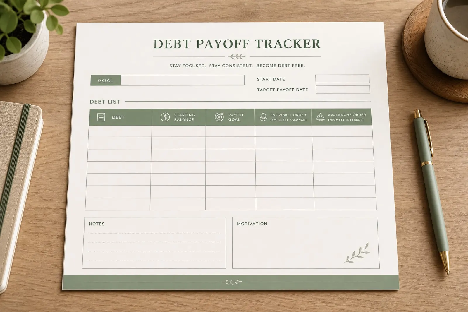 Printed debt payoff tracker printable with ordered debt list on a desk
