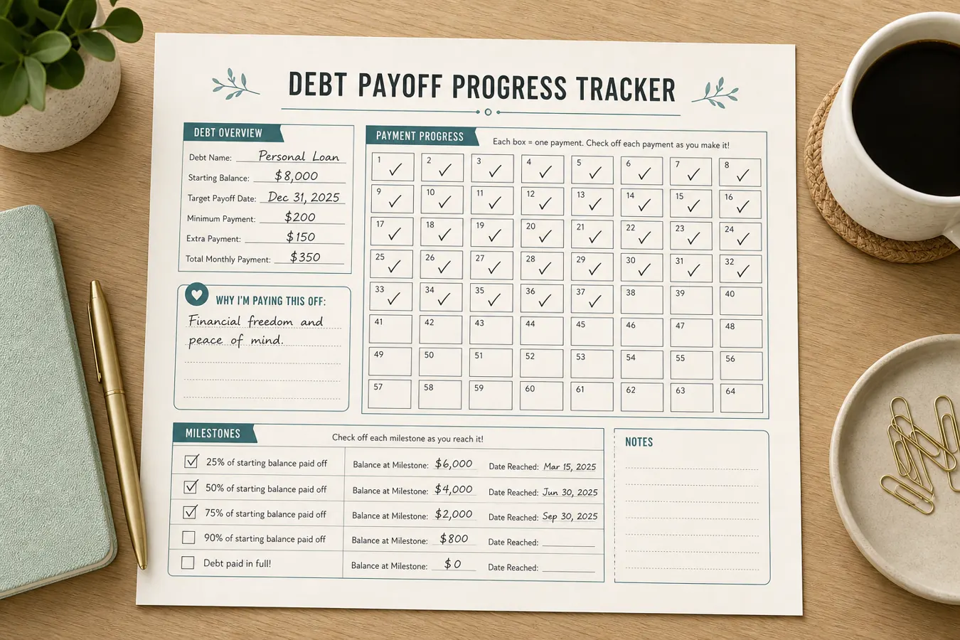 Debt payoff tracker printable progress grid and milestone checklist
