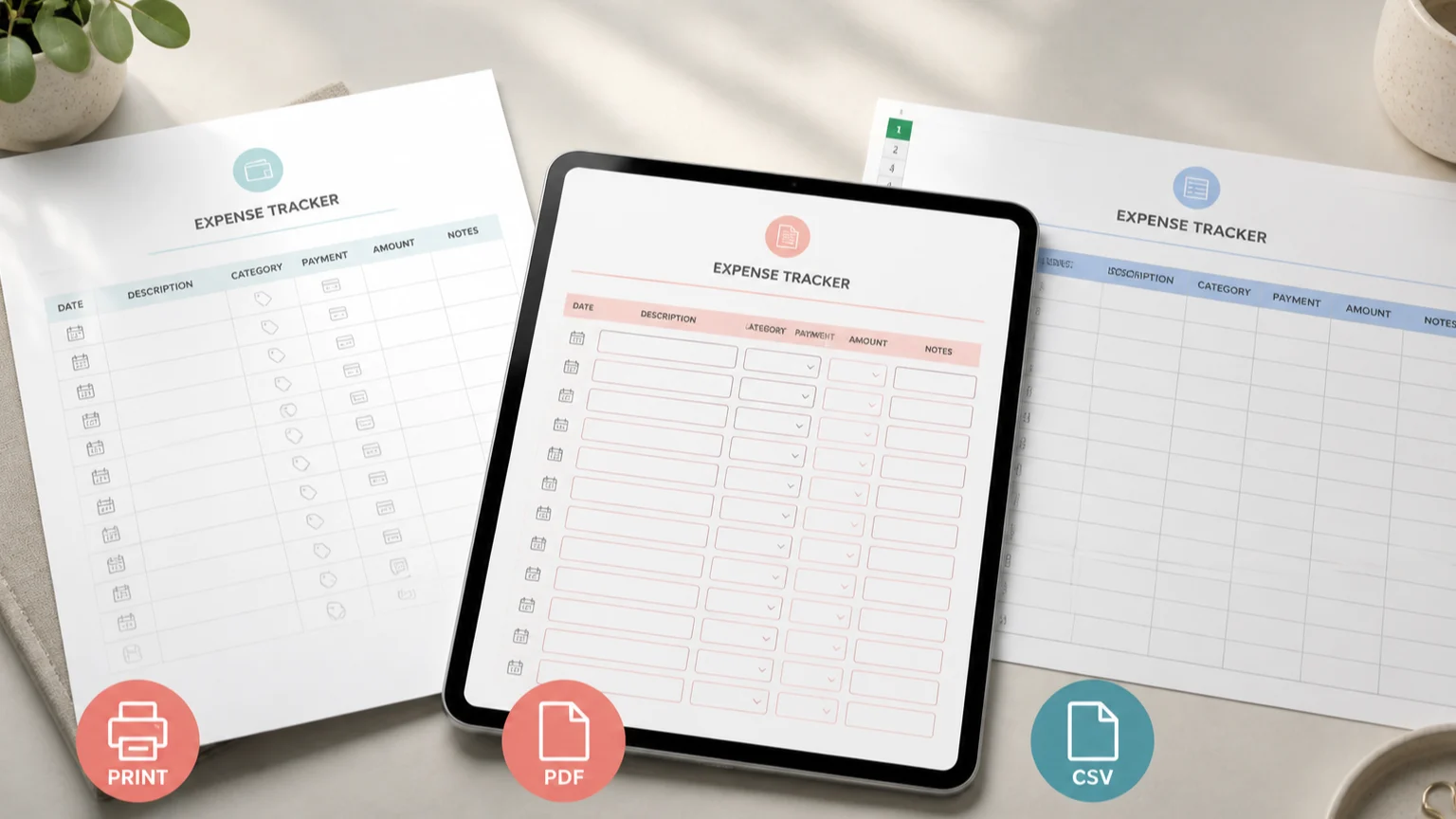 Blank print fillable PDF and CSV expense tracker export formats