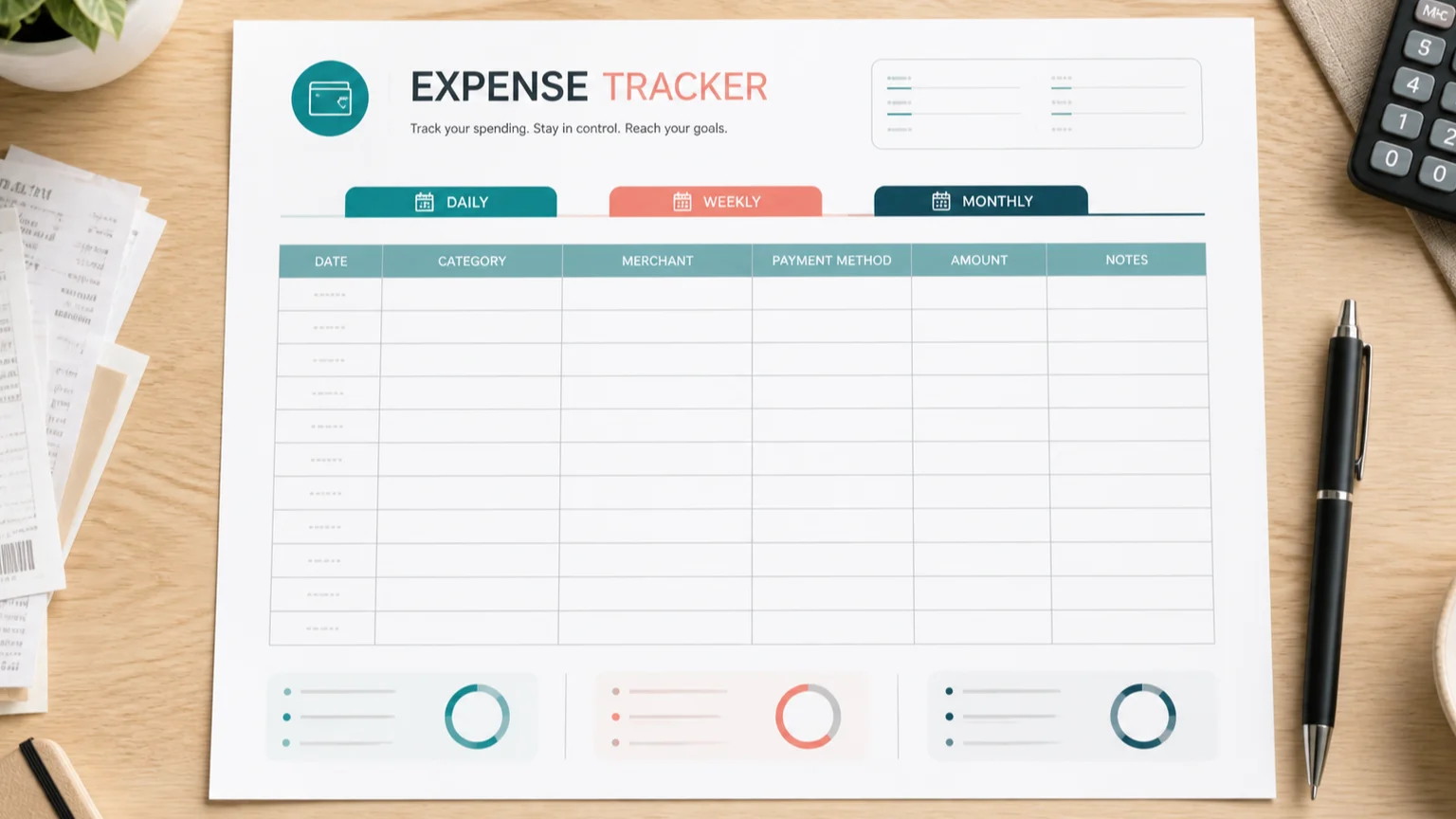 Expense tracker printable with daily weekly and monthly layouts and six transaction columns