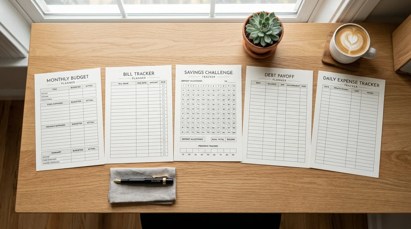 Finance printable hub with budget, bill, savings, debt and expense categories