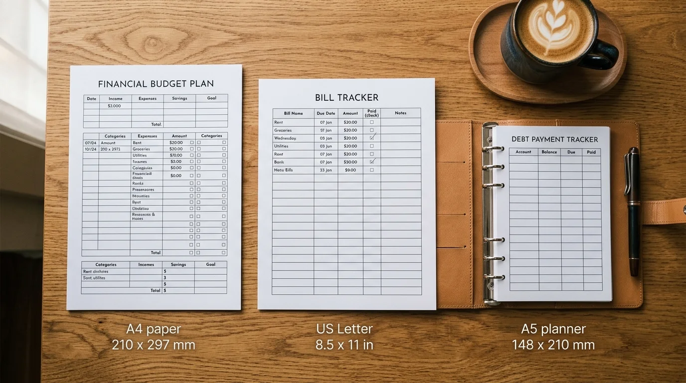 A4 Letter and A5 finance template PDF sizes