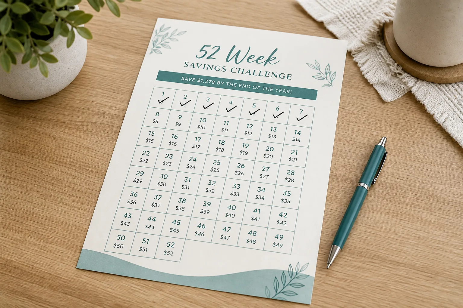 Printed savings challenge tracker grid with numbered deposit boxes on a desk