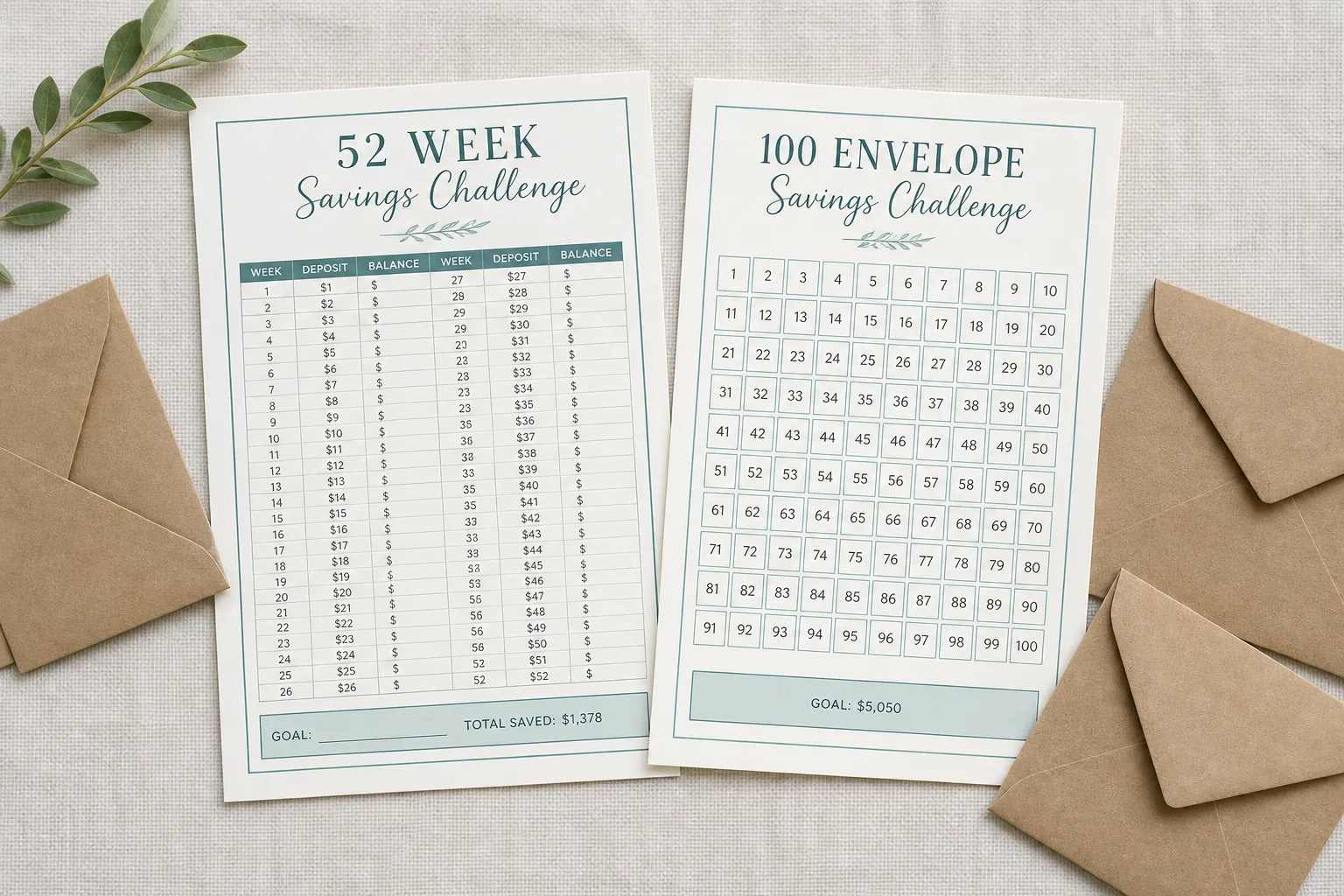 Savings challenge trackers with envelope-style sheets