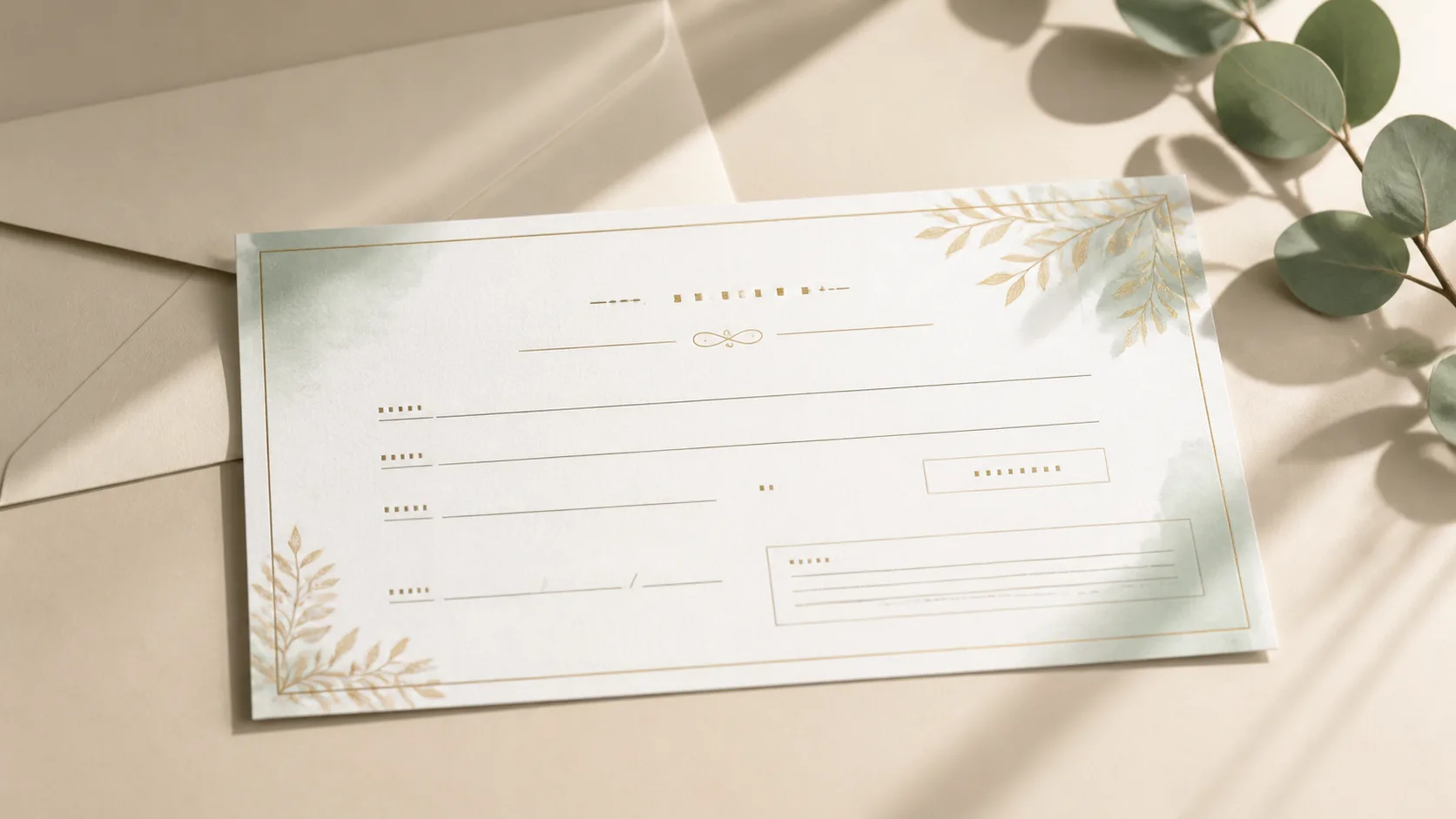 Elegant generic printable gift certificate with structured blank fields on a neutral desk